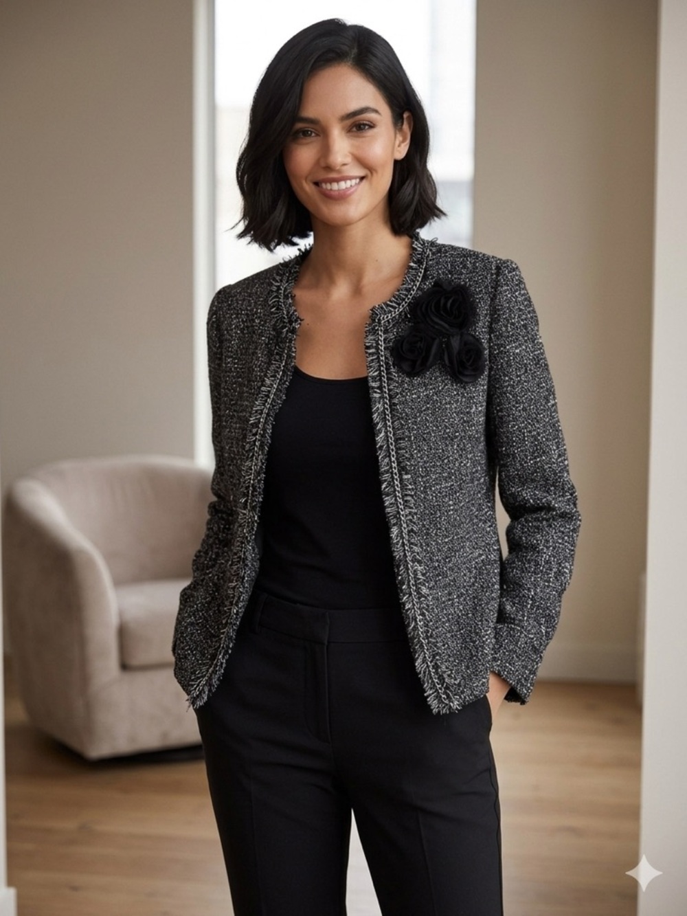Classic Black & White Tweed Jacket Size 18W Fringe Detail & Floral Brooch
